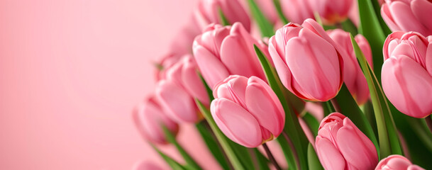 Obraz premium Bouquet of pink tulips on pink background. Mother's day background.