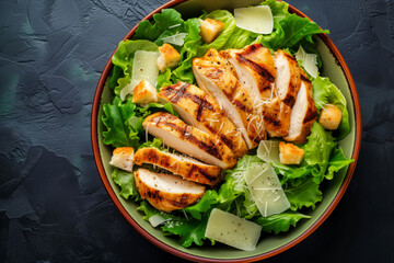 Caesar salad with delicious grilled chicken and parmesan cheese from above in a bowl