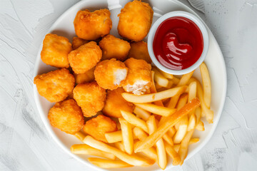 Chicken nuggets and french fries from above fast food meal eating snack with ketchup