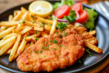 German Wiener Schnitzel with french fries and salad meal on a plate