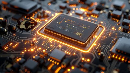 Dynamic close-up of a glowing microprocessor on a circuit board, highlighting technology, data processing, and the core of modern computing. - obrazy, fototapety, plakaty