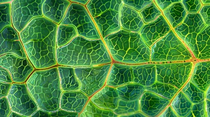 Fototapeta premium Macro shot of vibrant green leaf veins, illustrating the intricate patterns and biological structures of plant life.