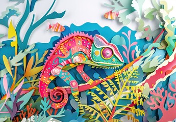 A vibrant chameleon among a colorful paper forest: a stunning display of nature's artistry and craftsmanship, ideal for a variety of applications