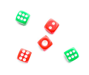 Many green and red game dices isolated on white, top view