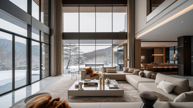 modern design loft living room in the luxury apartment of luxury apartment with a lof ot light from the clear glass windows neutral color and brown theme	