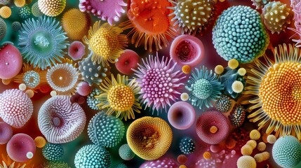 Colorful and diverse pollen grains under the microscope, showcasing the beauty of plant reproduction and microscopic detail.