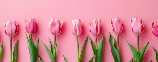 Tulips. Beautiful bouquet of pink tulips on a pink background. Mother's day background.