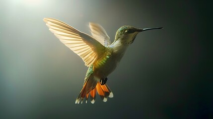 Vibrant Hummingbird in Flight Hovering Near Blooming Flowers in Lush Garden - obrazy, fototapety, plakaty