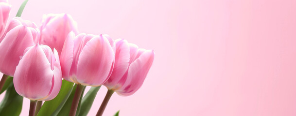 Bouquet of pink tulips on pink background. Mother's day background.