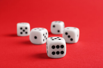 Many white game dices on red background, closeup