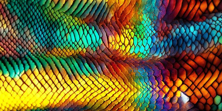 Abstract colorful background with snake skin texture. Close up rainbow snakeskin, pop art, vibrant colors, beautiful golden macro photography.