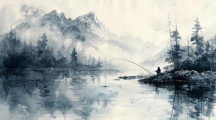 Serene drawing of fishing by a quiet lake, tranquil hobby