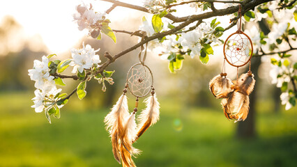 Dreamcatcher hanging on blooming tree in wind at springtime. Spirituality and ritual ornament for...