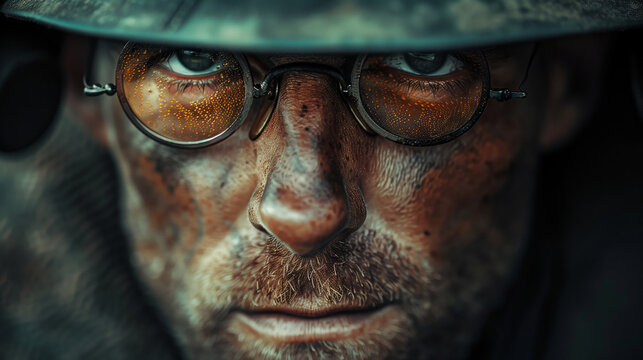 Intense Gaze: Man with Reflective Raindrop Glasses

