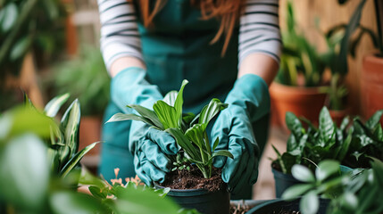 Close-up of female hands in gloves planting indoor green houseplant in terracotta pot. The concept of home gardening, love of plants and care. Small business, hobby
