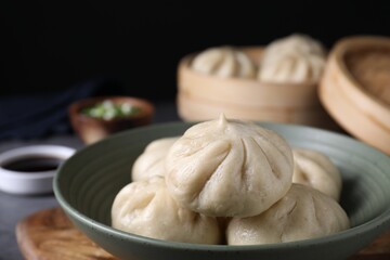 Fototapeta na wymiar Delicious bao buns (baozi) in bowl on grey table, closeup