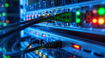 Naklejka premium Close-Up of Network Server Hardware in Data Center