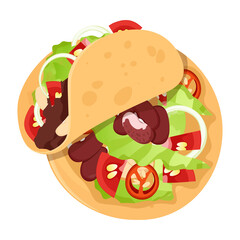 Composition of a rolled taco with filling and an unwrapped Mexican taco with beans, lettuce, onions, tomatoes