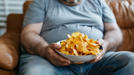 An overweight man is lounging on a couch, mindlessly eating a large bag of potato chips while his attention is fixed on the television screen, exemplifying a sedentary and unhealthy lifestyle.