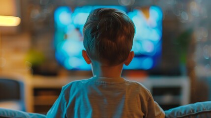 Fototapeta premium child sitting too close to a large television screen, engrossed in content, illustrating the sedentary lifestyle and potential addiction to technology and media among todays youth.