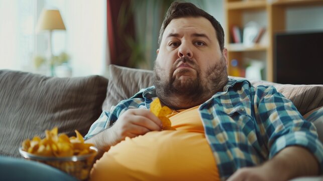 An overweight man is lounging on a couch, mindlessly eating a large bag of potato chips while his attention is fixed on the television screen, exemplifying a sedentary and unhealthy lifestyle.