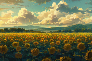 Fototapeta premium Illustration of sunflower field with a view in the morning. Colorful and minimal anime aesthetics style. AI Generative.