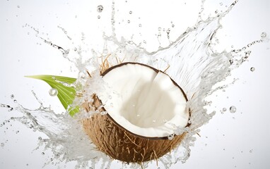 Fresh Coconut and splash of water on white background