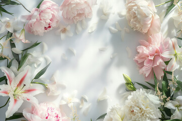Botanical Frame, Soft Pink Peonies and White Lilies Bordering a Copy for Text, Airy and Elegant with Copy Space
