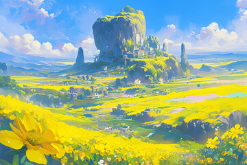 Illustration of sunflower field with a view in the morning. Colorful and minimal anime aesthetics style. AI Generative.
