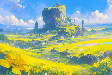 Türaufkleber Illustration of sunflower field with a view in the morning. Colorful and minimal anime aesthetics style. AI Generative. © Meedej