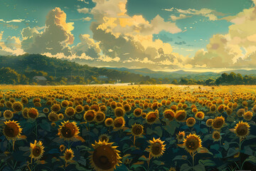Obraz premium Illustration of sunflower field with a view in the morning. Colorful and minimal anime aesthetics style. AI Generative.