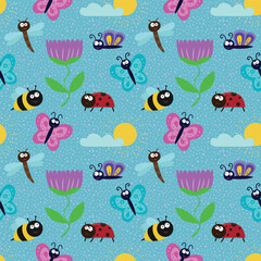 Cute seamless pattern with insects and flowers. A design element for printing on fabric. Bees, ladybugs, butterflies, caterpillars, dragonflies and plants.  Cartoon flat vector illustration