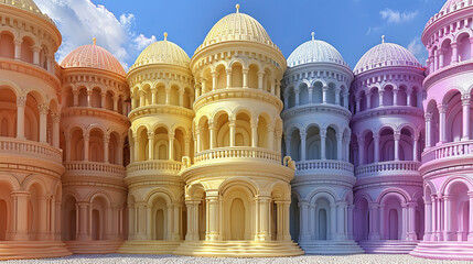 A row of colorful buildings with arched windows and domes - obrazy, fototapety, plakaty