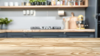 Wooden light empty countertop against the background of a modern gray kitchen with open shelves and accessories in the interior. Scene showcase template for promotional items, banner
