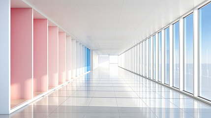 A long, empty hallway with pink, blue, and white walls