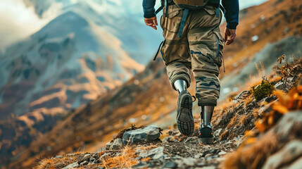 Brave traveler with prosthetic legs overcomes mountain path, personifying perseverance and strength, close-up of man's legs. Active lifestyle with disability, movement and perseverance, adventure