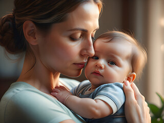 Love's Embrace: Mother Holds Child Close, Hearts Entwined. emotional connection. Safe Haven: Caring Mother Cradles Baby in Tender Embrace. generative AI