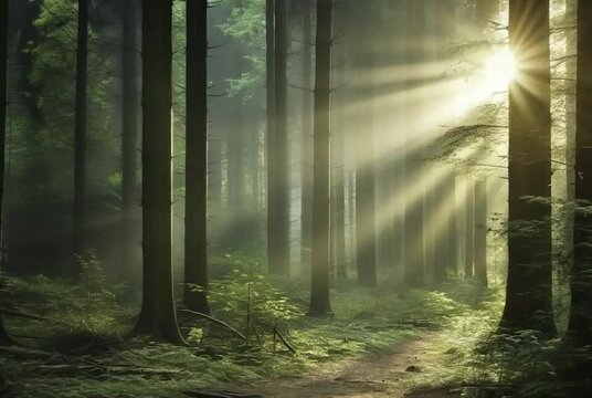 image of sunlight at dusk entering through the trees of a dark forest