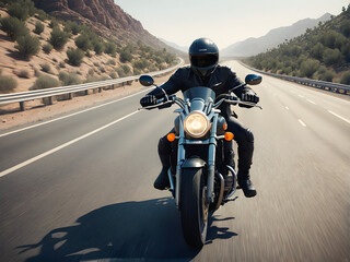 Open Road Anthem: Motorcycle Speeds Down Deserted Highway. Unleashed Power. generative AI - obrazy, fototapety, plakaty