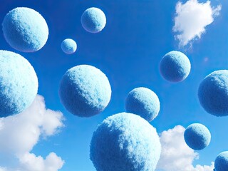 a blue sky with several blue balls strewn all over it. The balls are round and fluffy, and the sky is clear and brilliant. There is a sense of peace and tranquility about the environment. - obrazy, fototapety, plakaty