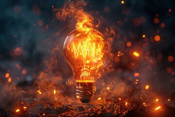 A glowing light bulb with swirling flames and sparks against a dark background, symbolizing innovation and creativity.
