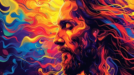 Modern sketch of Jesus Christs face vibrant abstract colors flowing in the background