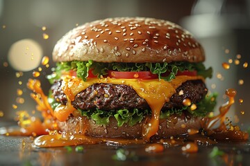 A large hamburger with melting cheese and splashes of sauce, rendered in the style of Unreal...