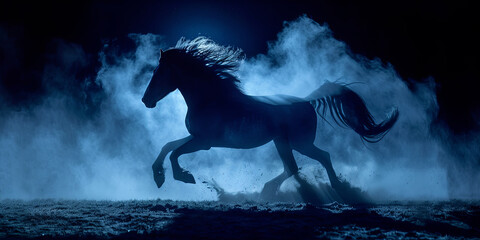 A horse is running through the air with a blue sky in the background - obrazy, fototapety, plakaty