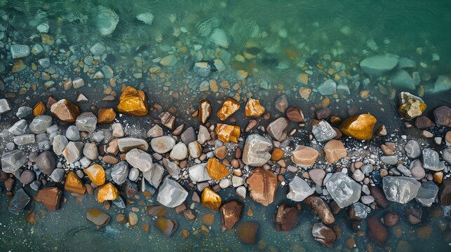 Crystal clear waters reveal a colorful array of smooth riverbed stones, evoking tranquility and natural beauty.