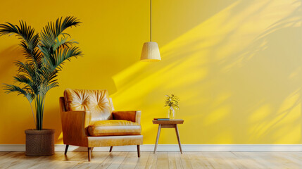 Minimalist interior design of pastel yellow room with leather armchair and wooden side table near...