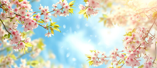 spring sakura  cherry blossom on blue sky  background with flowers pedals flying 