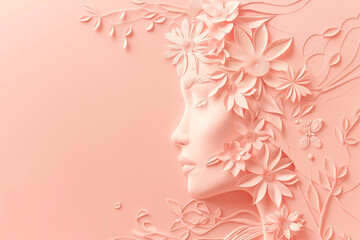 Elegant Paper Art Style, Profile of a Woman with Intricate Floral Decorations, Soft Pink Hues