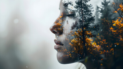 a double exposure of a woman s face with trees painted on it
