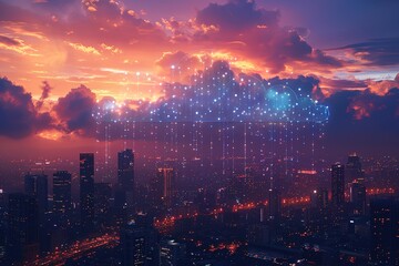 A cityscape at dusk with clouds of digital data flowing above